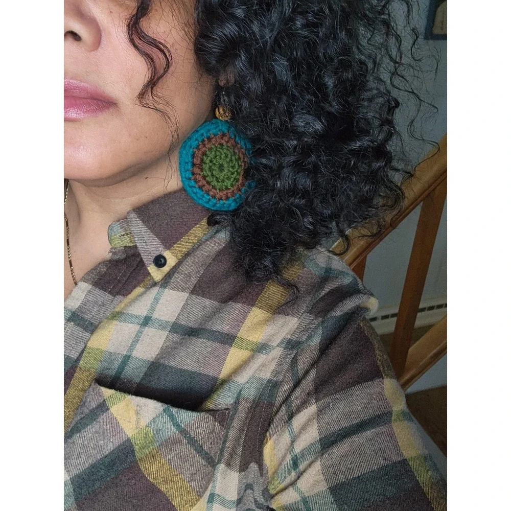 Round Crochet Earrings: Island Green Acrylic Yarn‎ with Wood Beads
